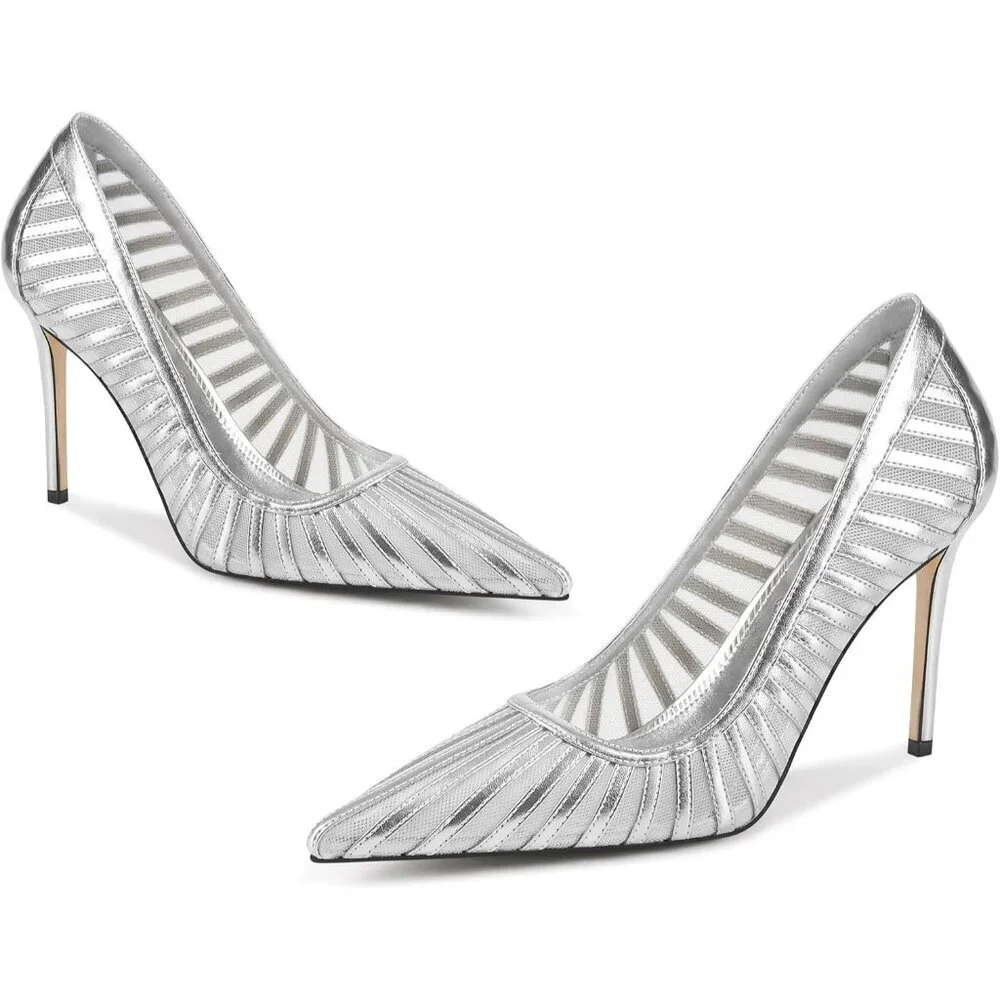 Women's Silver Pumps Pointed Toe Heels Closed Toe Mesh Pumps High Stiletto Heel